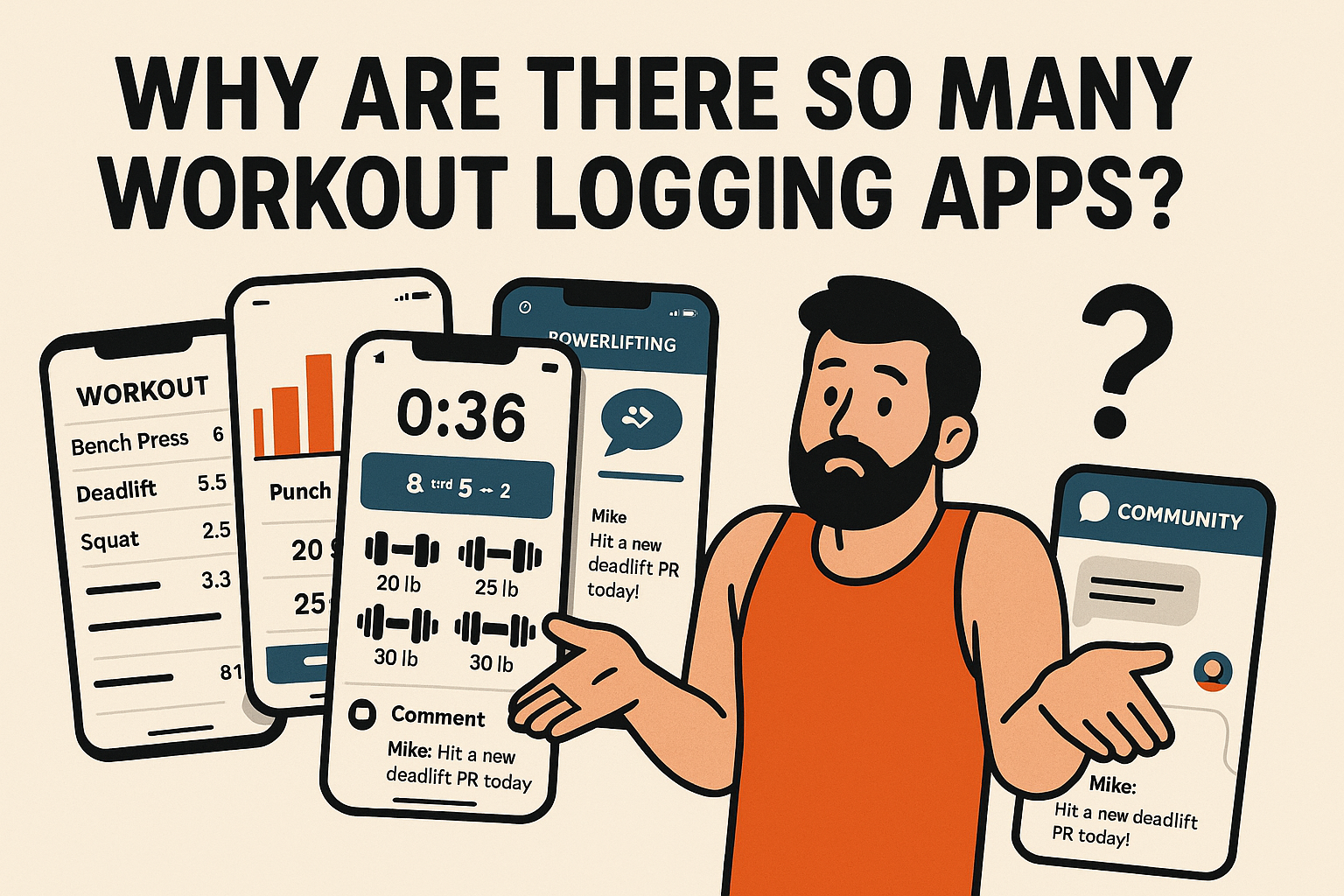 Illustration showing many fitness logging apps flooding from a phone