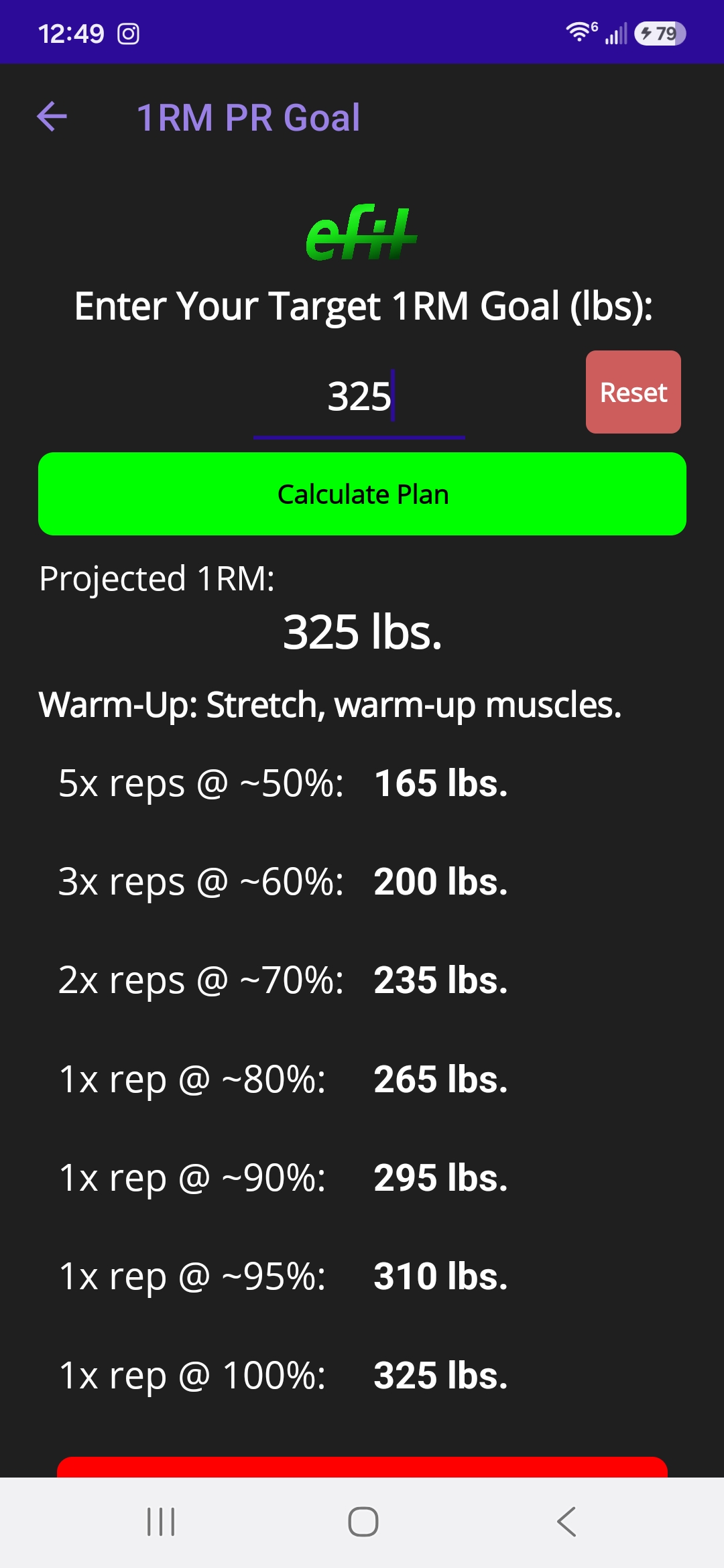 eFitLog scientific one rep max and ramp up calculator for planning strength training and personal record attempts